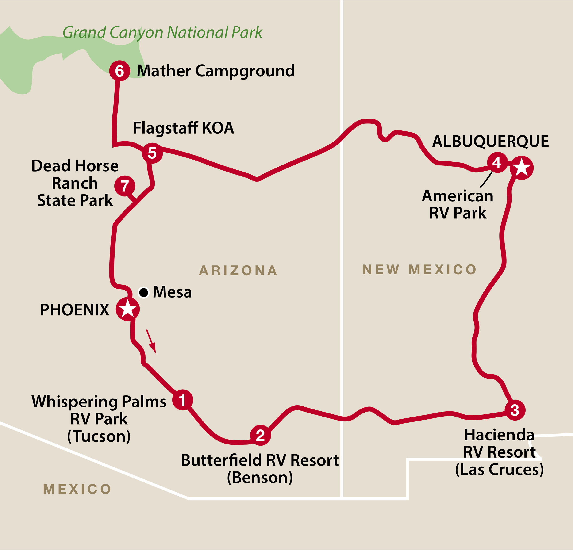 Mapa ruta Arizona, New Mexico & the Grand Canyon